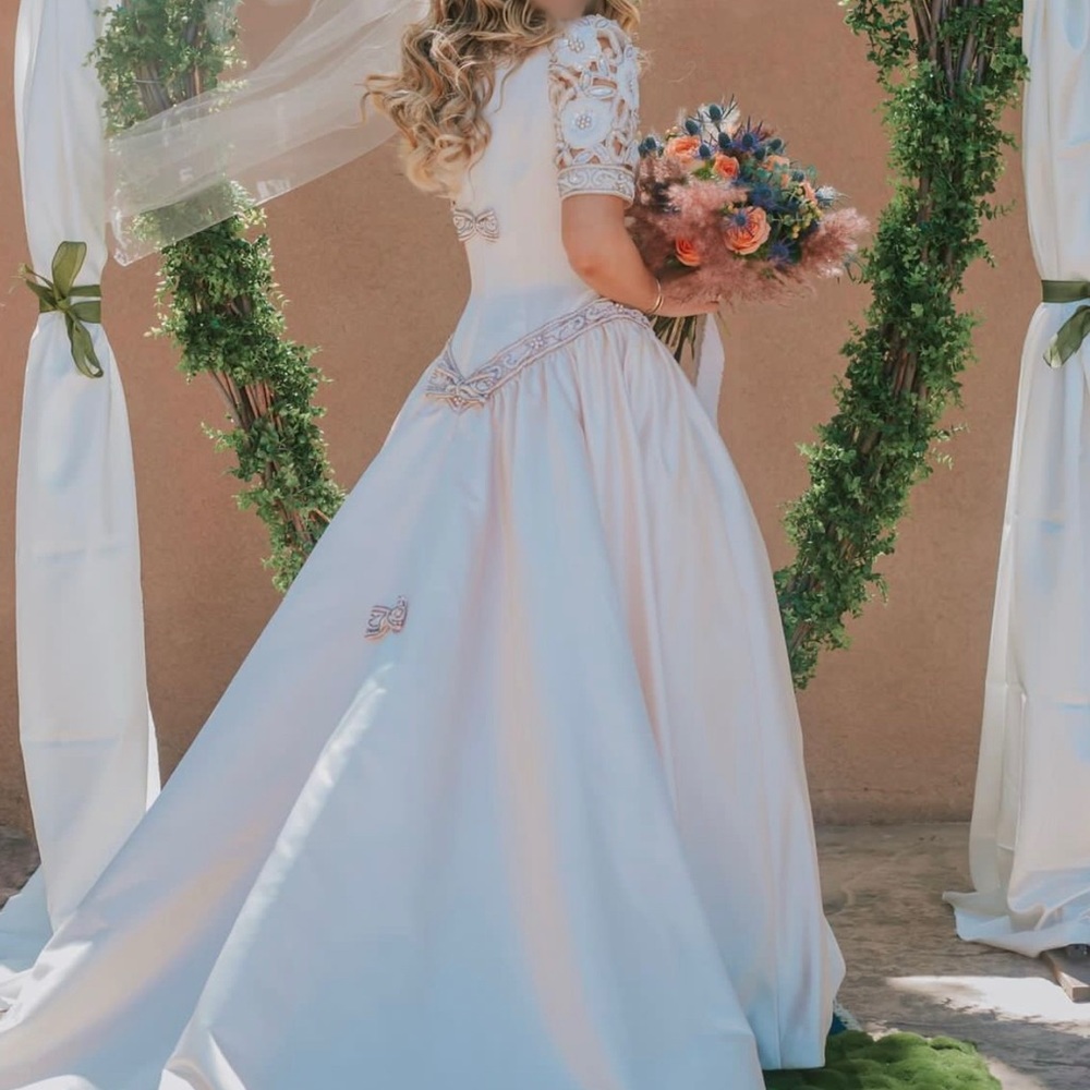 Hand beaded satin Bridal gown half sleeve Wedding dress